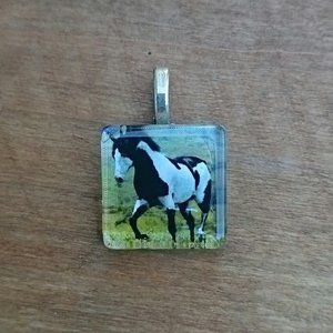 Hand Crafted Glass Tile Black White Paint Indian Horse Pendant Gift Equestrian